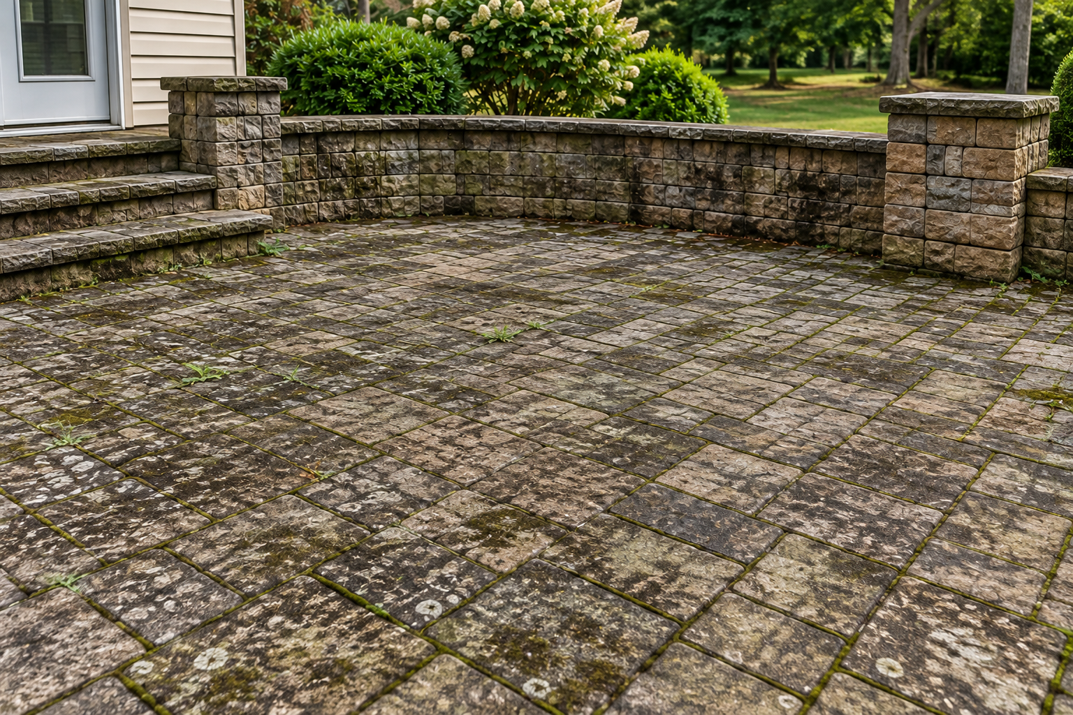 Dirty and weathered hardscape before restoration