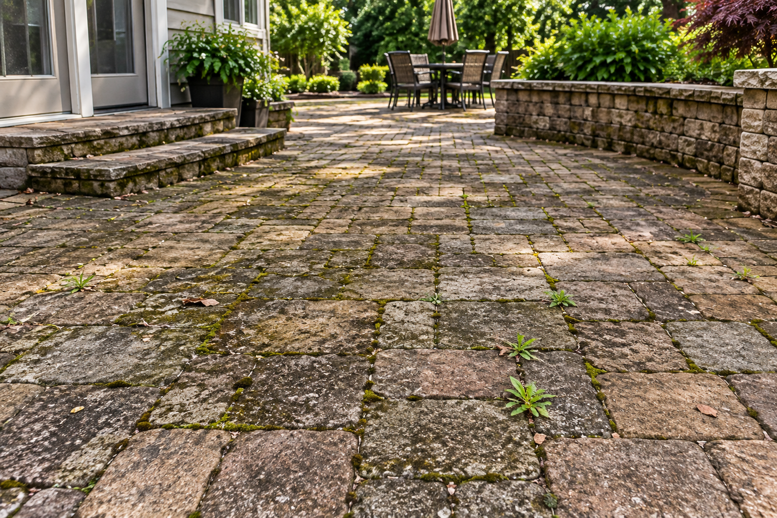 Paver patio before restoration with organic growth and missing joint sand
