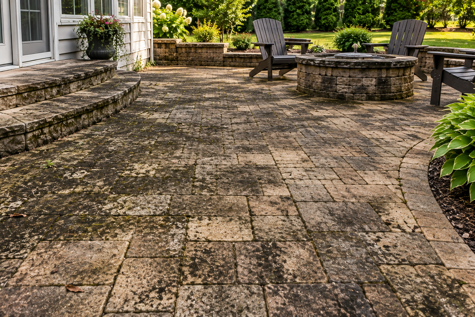Weathered paver patio before restoration with staining and dirt buildup