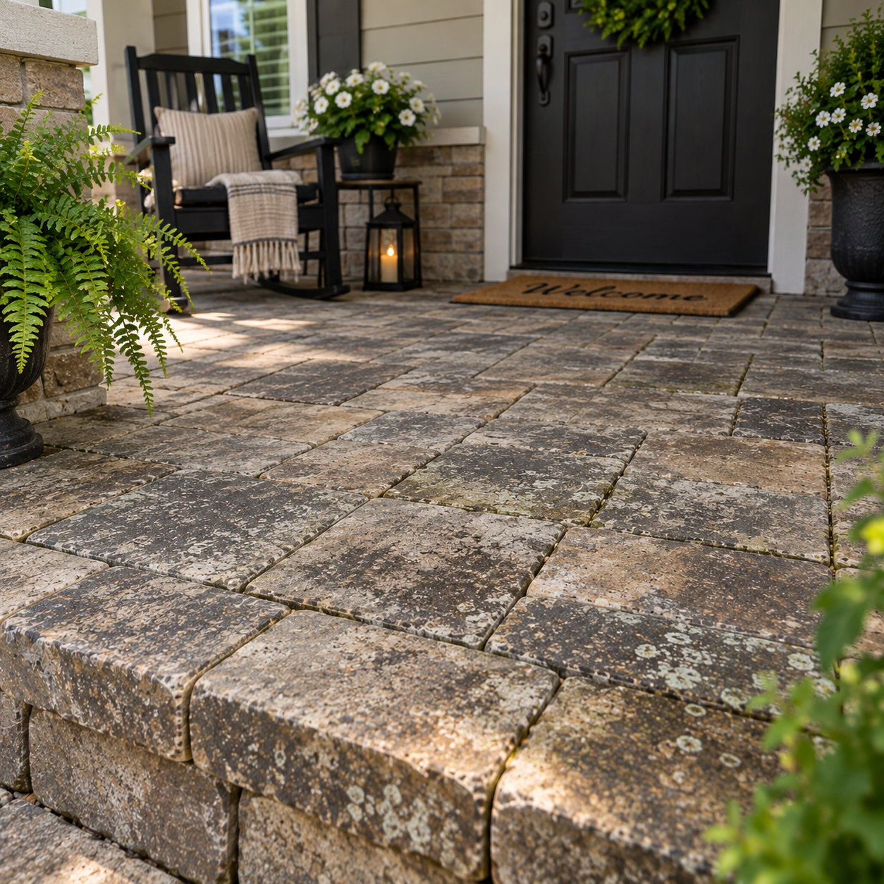 Weathered pavers on a residential front porch