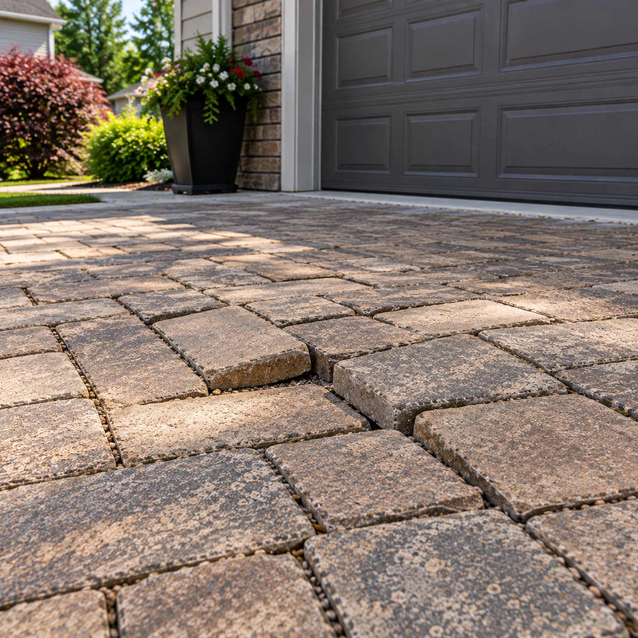 Loose pavers near a residential garage