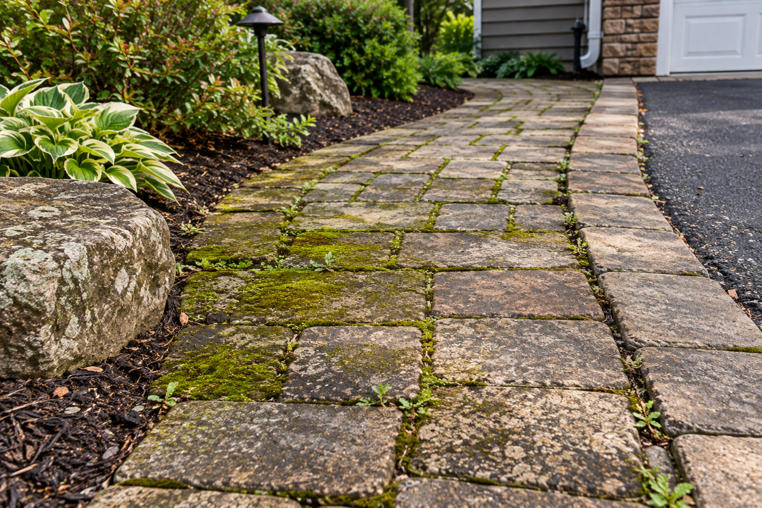 Moss and organic growth on hardscape pavers