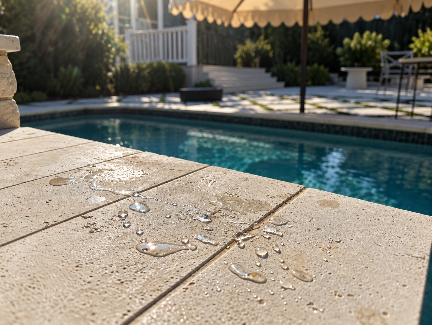Water beading on a sealed paver surface
