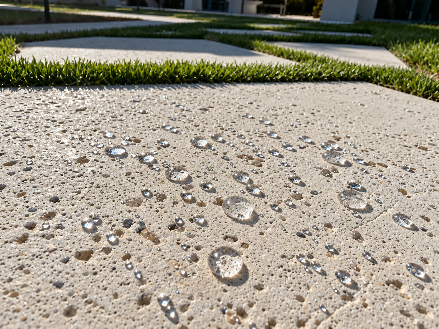 Close view of a professionally serviced paver surface with water beading