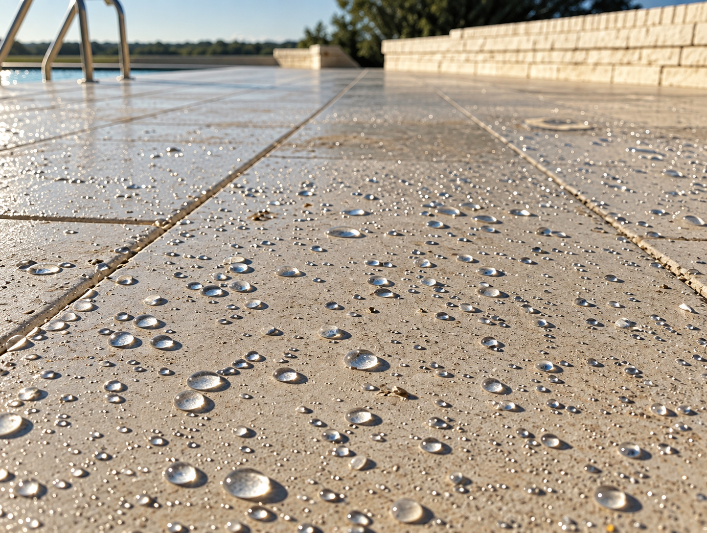 Detailed view of a serviced paver surface showing water beading