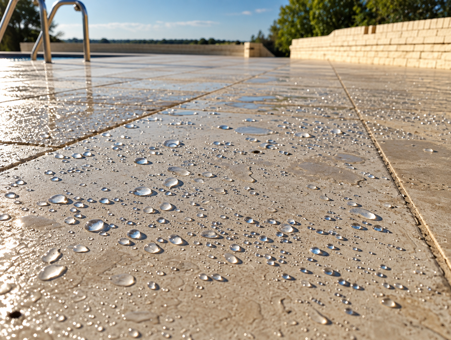 Close-up of water droplets on sealed pavers