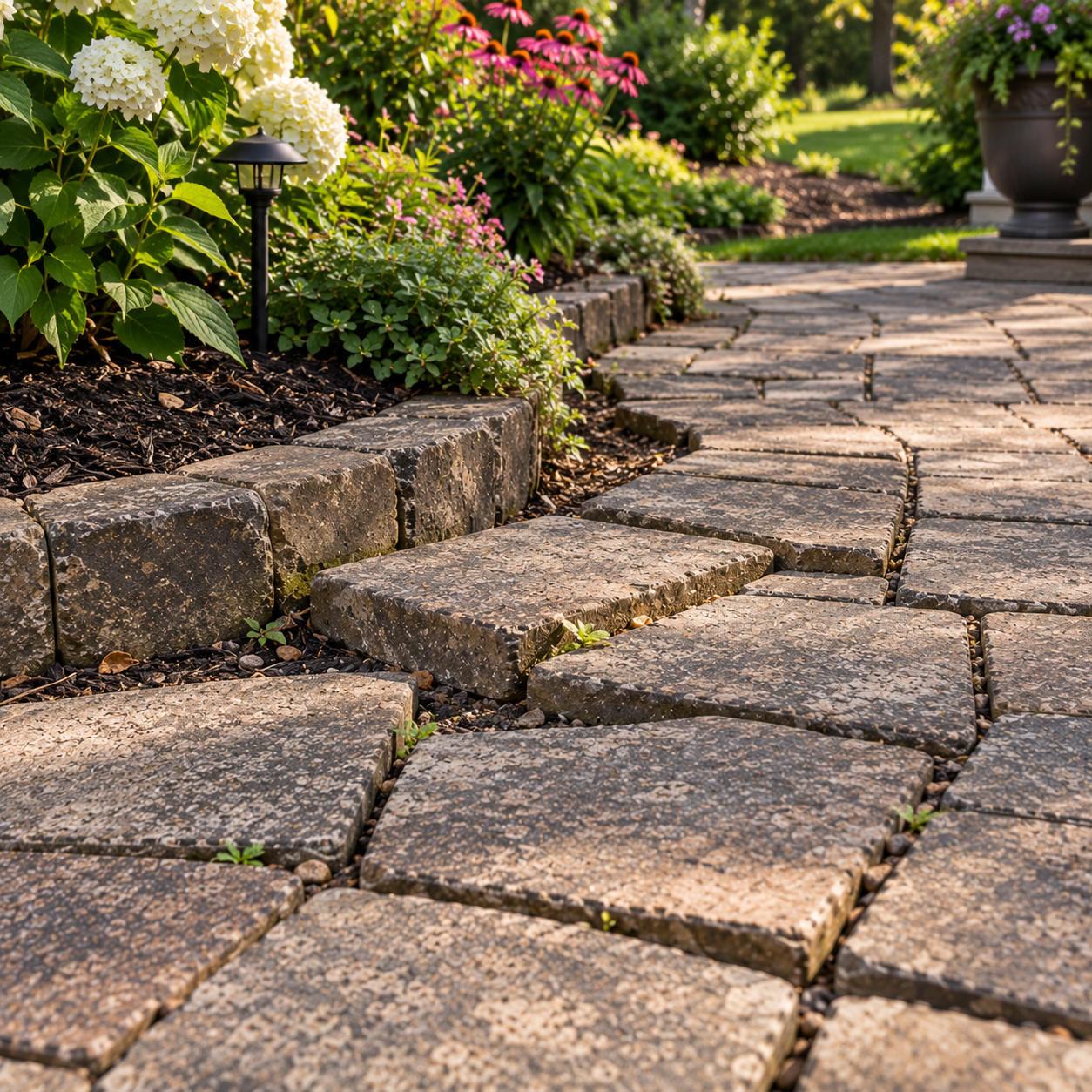 Uneven paver surface near a residential garden