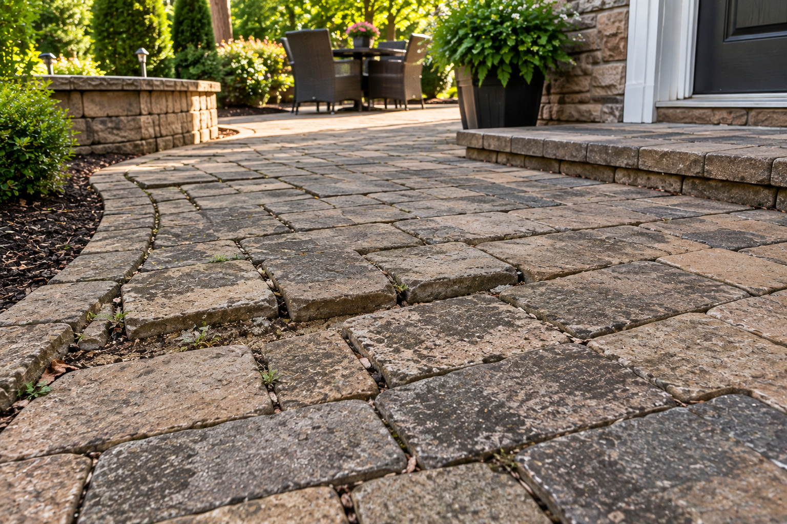 Sunken and uneven pavers before repair and re-leveling