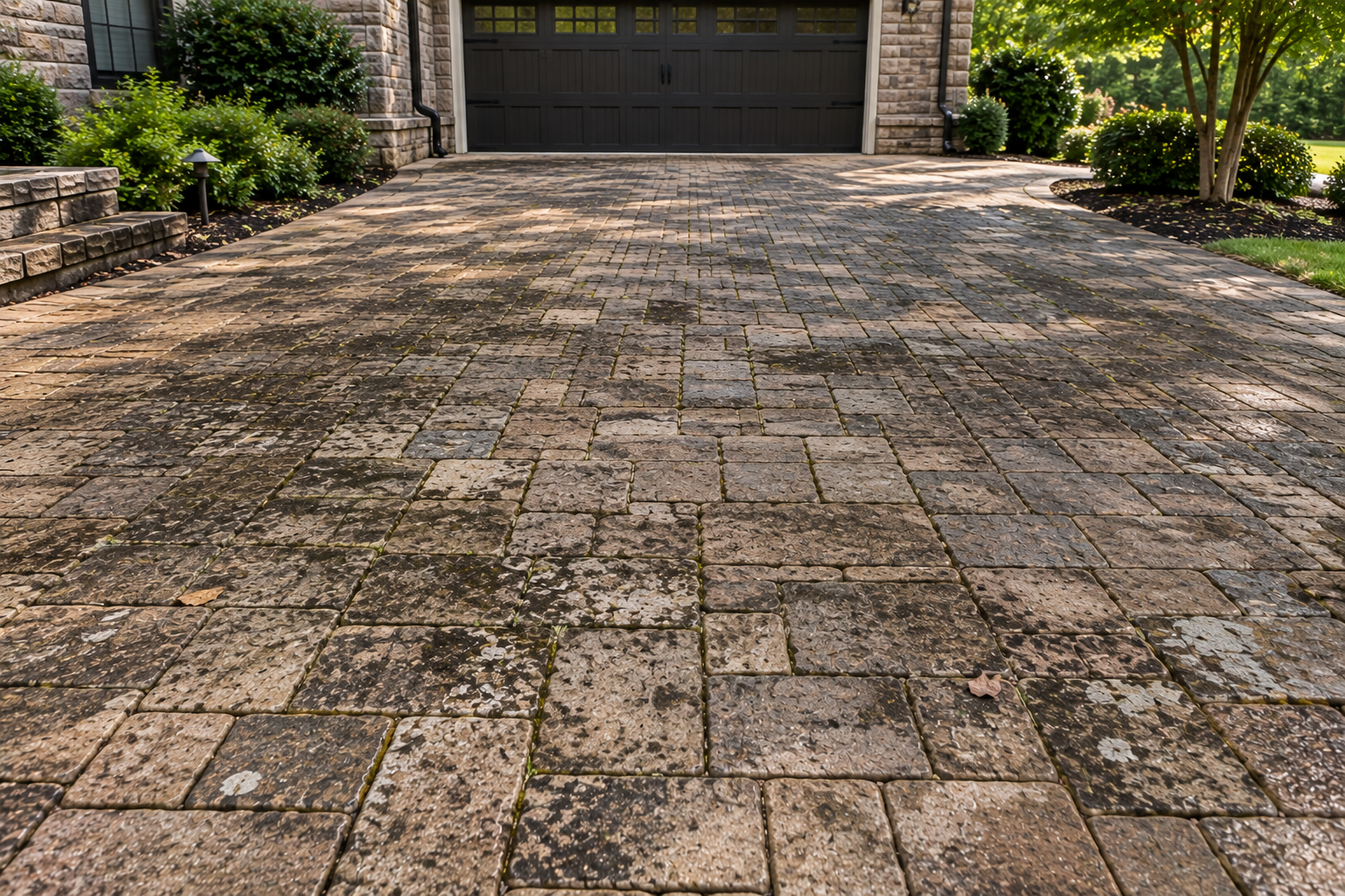 Paver driveway before professional cleaning with dirt and surface staining