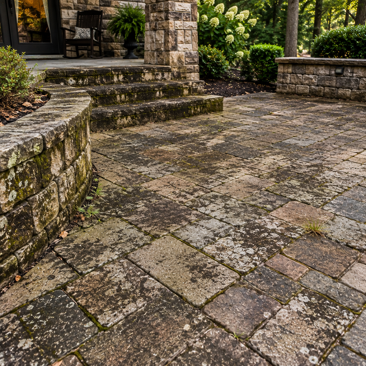 Worn and weathered pavers before complete restoration