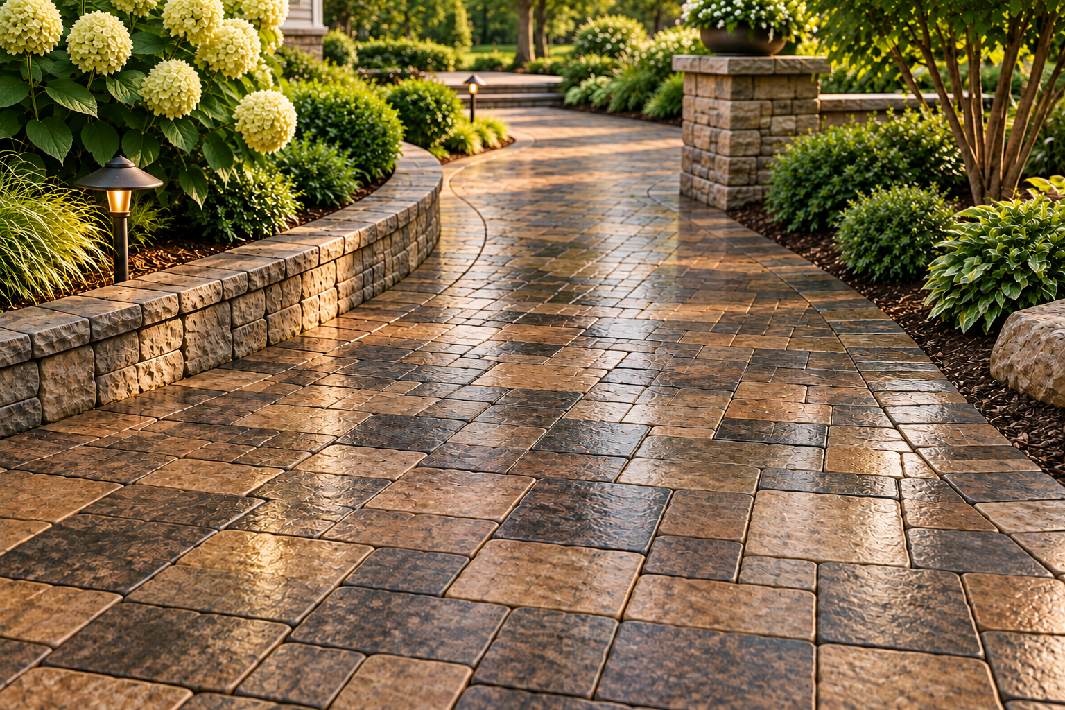 Wet gloss finish sealed paver walkway